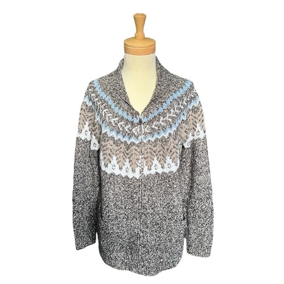 Ricki's Sweaters - VINTAGE Oversized Retro Fair Isle Zip-Up Grey-Blue Fishermen Collar Neck Women's
